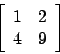 \begin{displaymath}
\left[\begin{array}{cc}
1 & 2 \\
4 & 9 \\
\end{array} \right]
\end{displaymath}